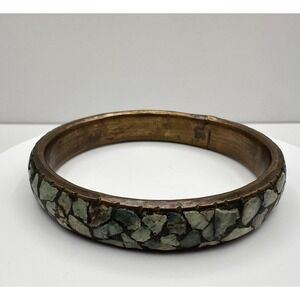 Vintage 80s Brass Bracelet Mosaic Turquoise Inlay Boho Ethnic Statement Jewelry